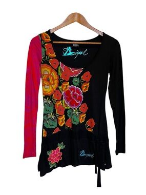 Desigual Y2K Top Long Sleeve Black Floral Tie Waist Drop Hem Size XS